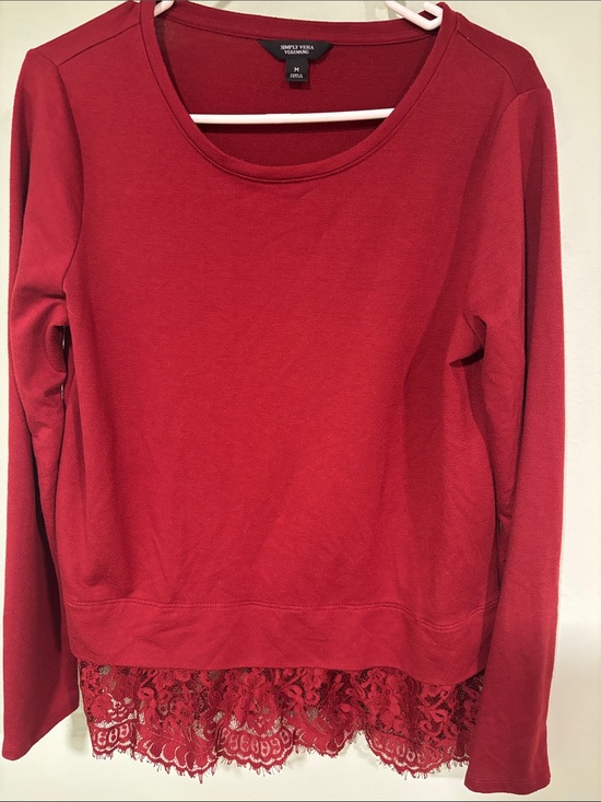 Simply Vera Vera Wang Tops - Simply Vera Vera Wang Burgandy Lace-Hem Long Sleeve Top